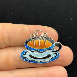 Sterling silver enamel coffee cup brooch 925